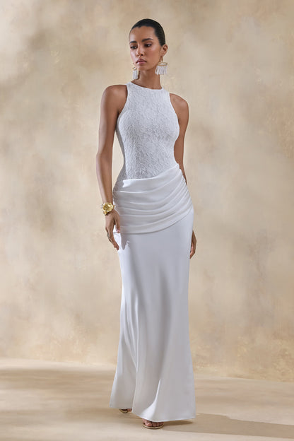 Neria | White Satin And Lace Crew-Neck Maxi Dress With Draped Wrap-Skirt
