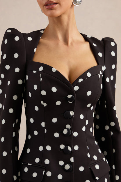 Carmen | Black & White Polka Dot Sweetheart-Neck Tailored Mini Dress