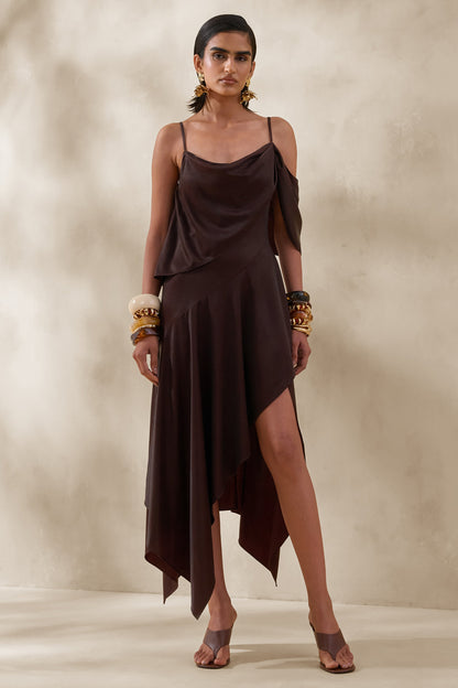 Helira | Brown Asymmetric Midi Dress With Draping Detailing and Open-Back