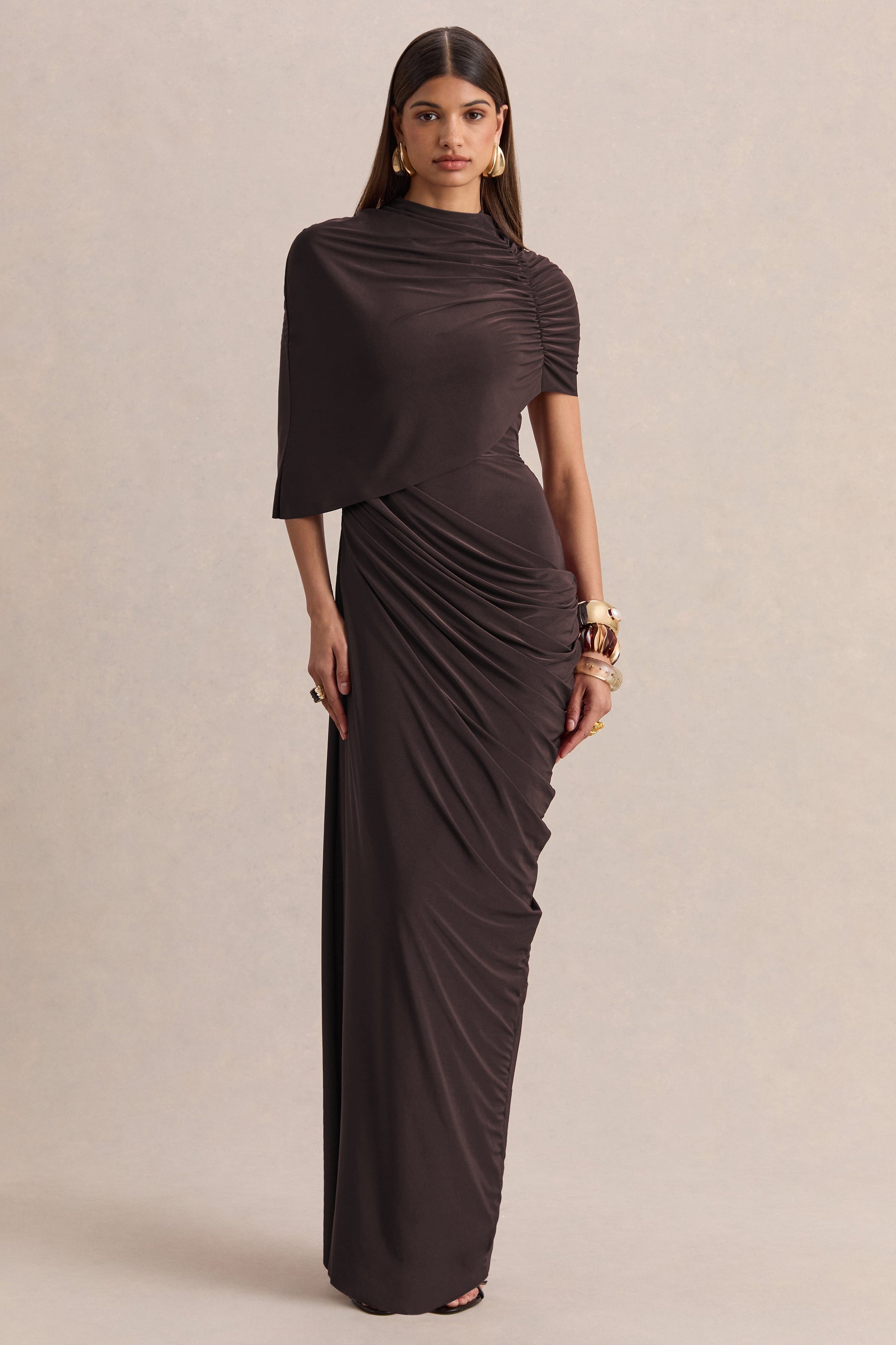 Lunaline | Brown High-Neck Maxi Dress With Asymmetric Cape And Draped-Detailing