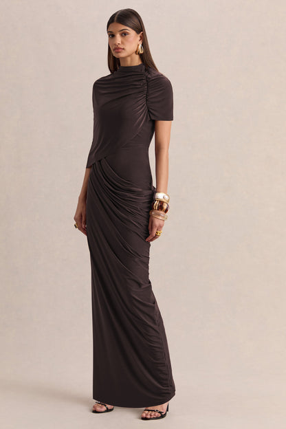 Lunaline | Brown High-Neck Maxi Dress With Asymmetric Cape And Draped-Detailing