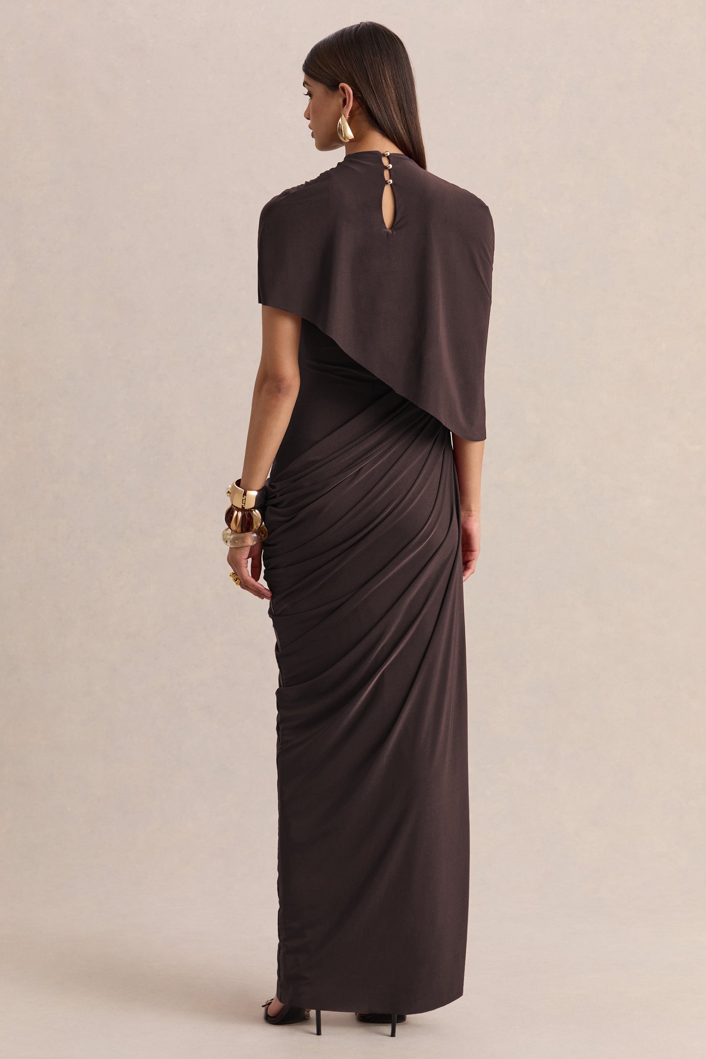 Lunaline | Brown High-Neck Maxi Dress With Asymmetric Cape And Draped-Detailing