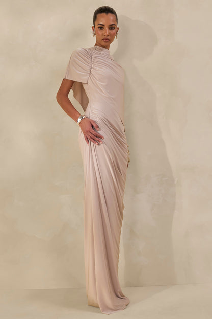 Lunaline | Champagne High-Neck Maxi Dress With Asymmetric Cape And Draped-Detailing