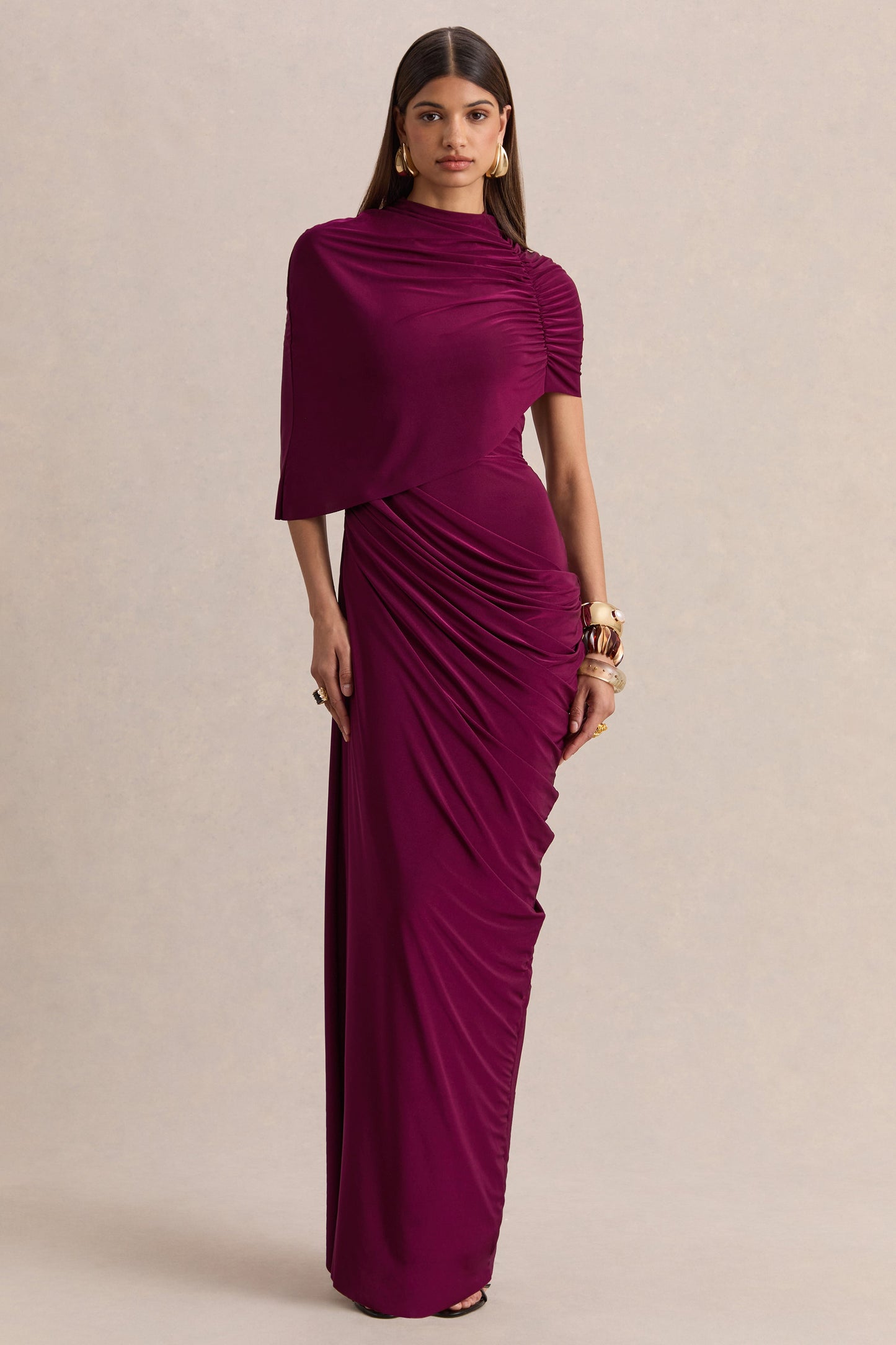 Lunaline | Burgundy High-Neck Maxi Dress With Asymmetric Cape And Draped-Detailing