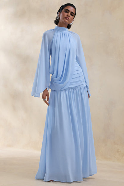Narella | Blue Chiffon High-Neck Maxi Dress With Draped-Detailing