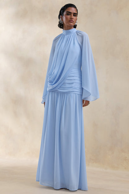 Narella | Blue Chiffon High-Neck Maxi Dress With Draped-Detailing
