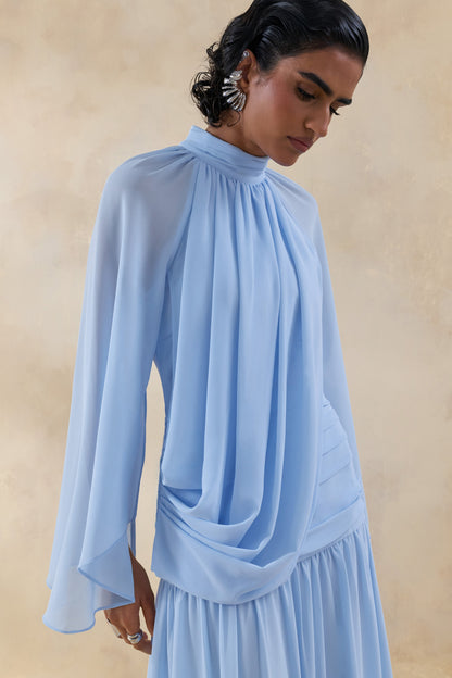 Narella | Blue Chiffon High-Neck Maxi Dress With Draped-Detailing