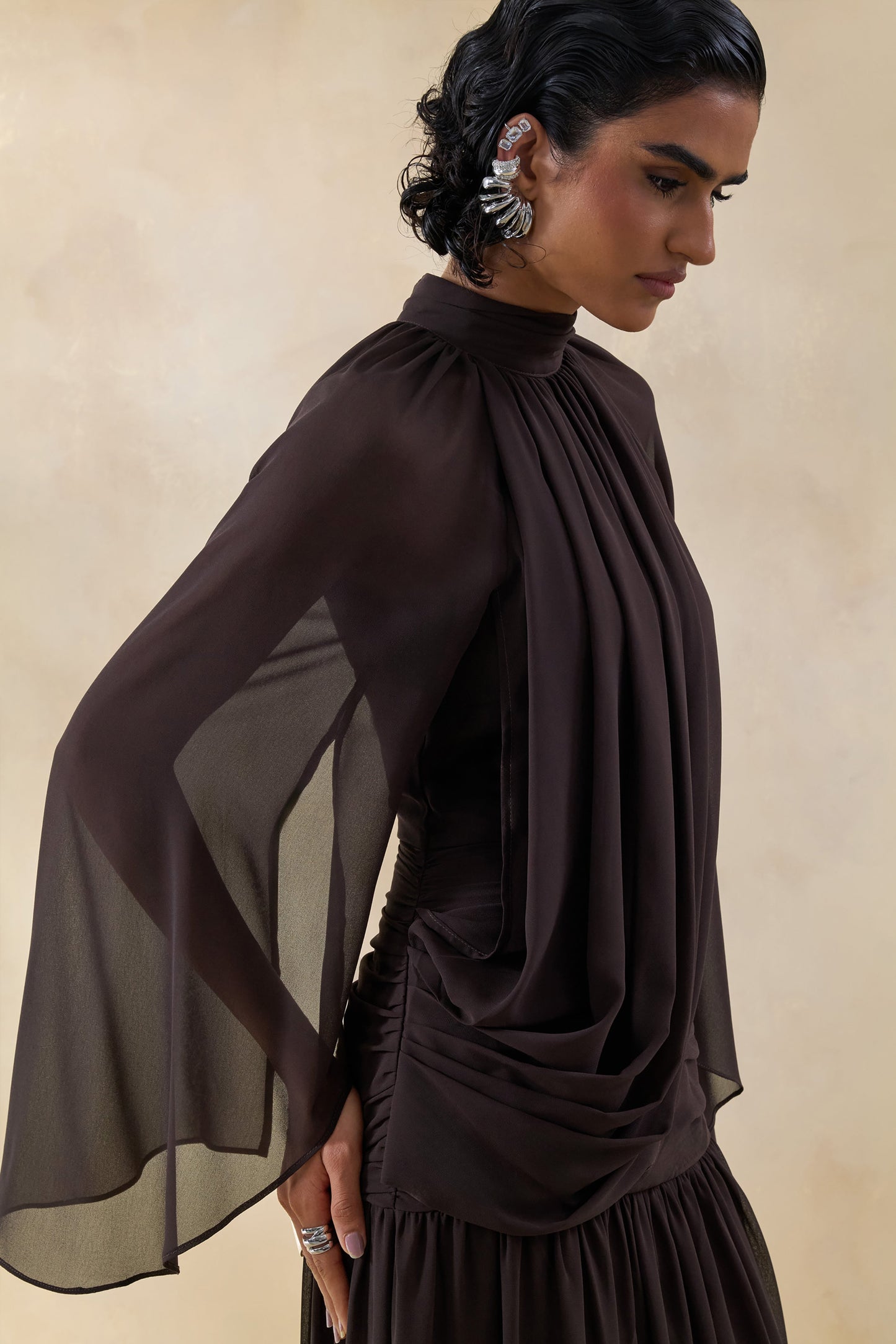 Narella | Brown Chiffon High-Neck Maxi Dress With Draped-Detailing