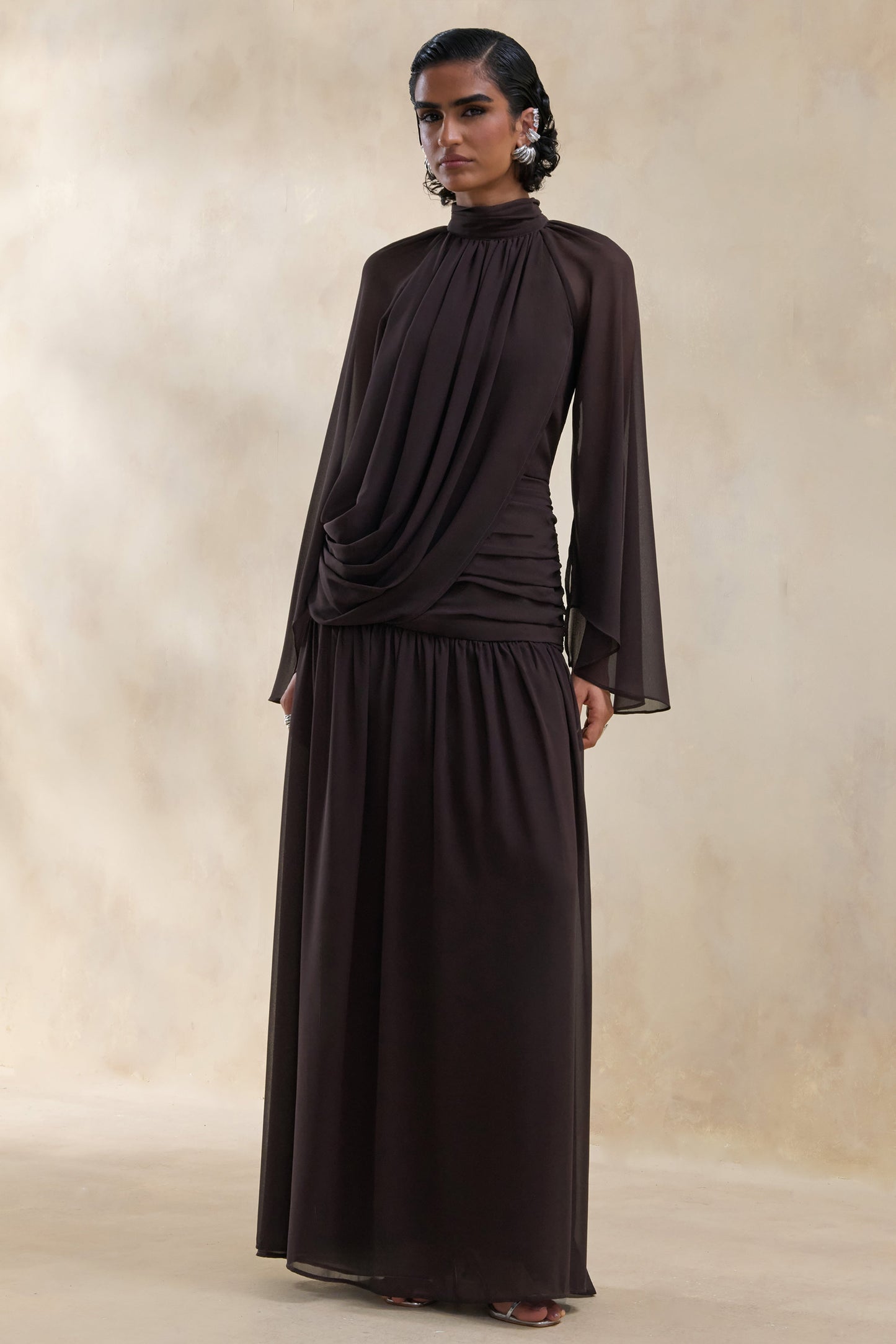 Narella | Brown Chiffon High-Neck Maxi Dress With Draped-Detailing