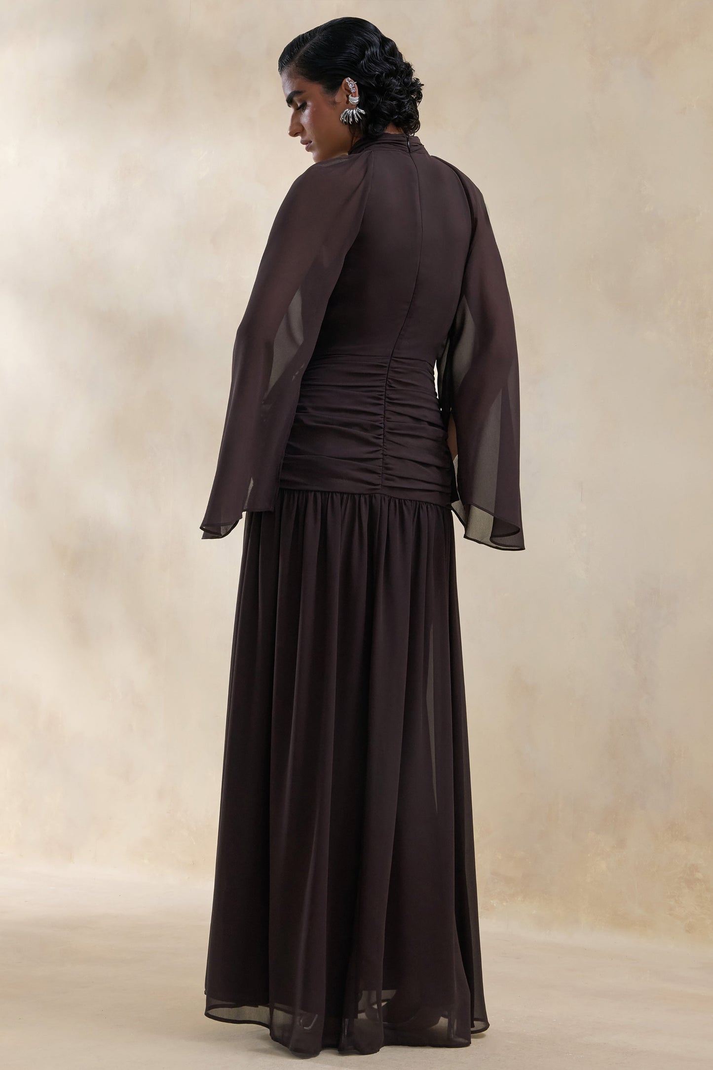 Narella | Brown Chiffon High-Neck Maxi Dress With Draped-Detailing