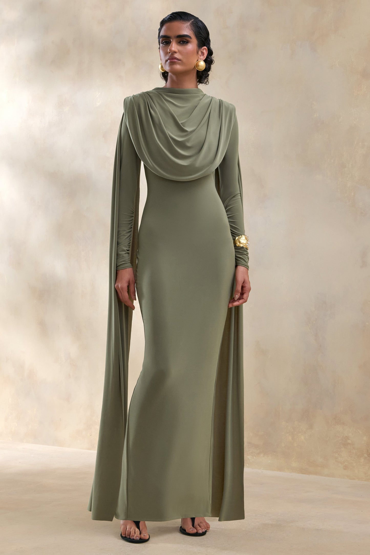 Lysoria | Olive High-Neck Maxi Dress With Draped-Detailing And Cape-Sleeves