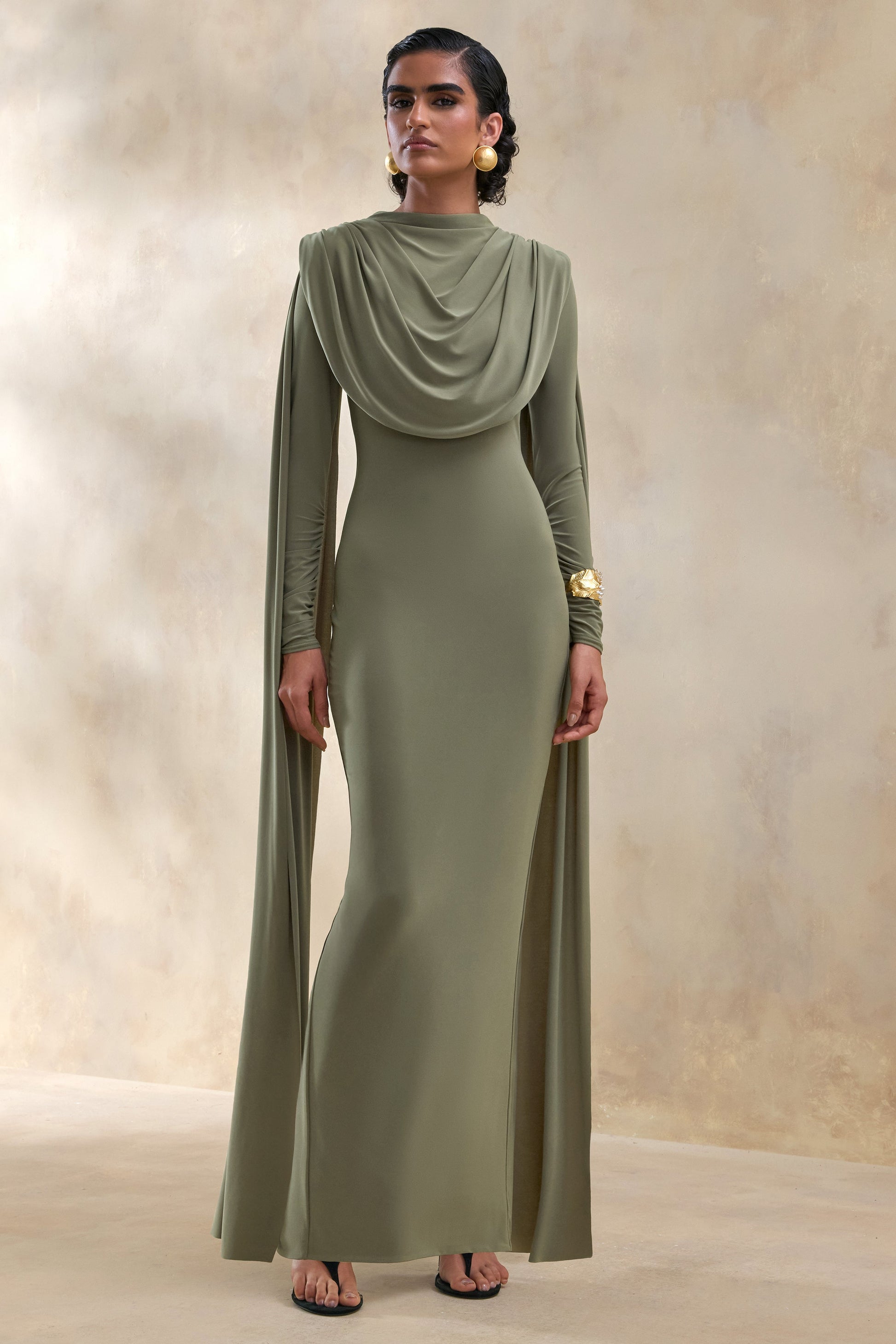 Lysoria | Olive High-Neck Maxi Dress With Draped-Detailing And Cape-Sleeves