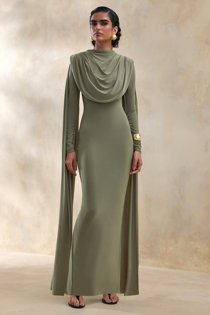 Lysoria | Olive High-Neck Maxi Dress With Draped-Detailing And Cape-Sleeves