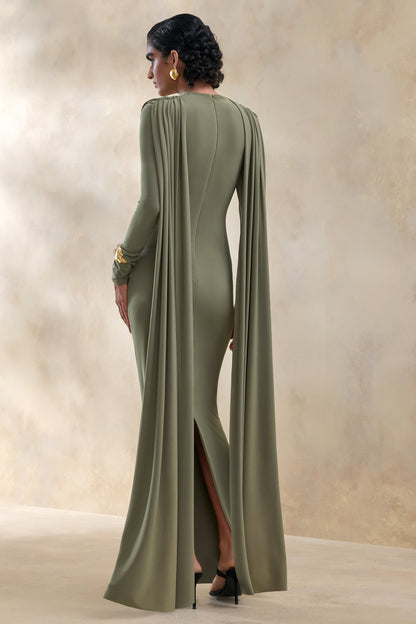 Lysoria | Olive High-Neck Maxi Dress With Draped-Detailing And Cape-Sleeves