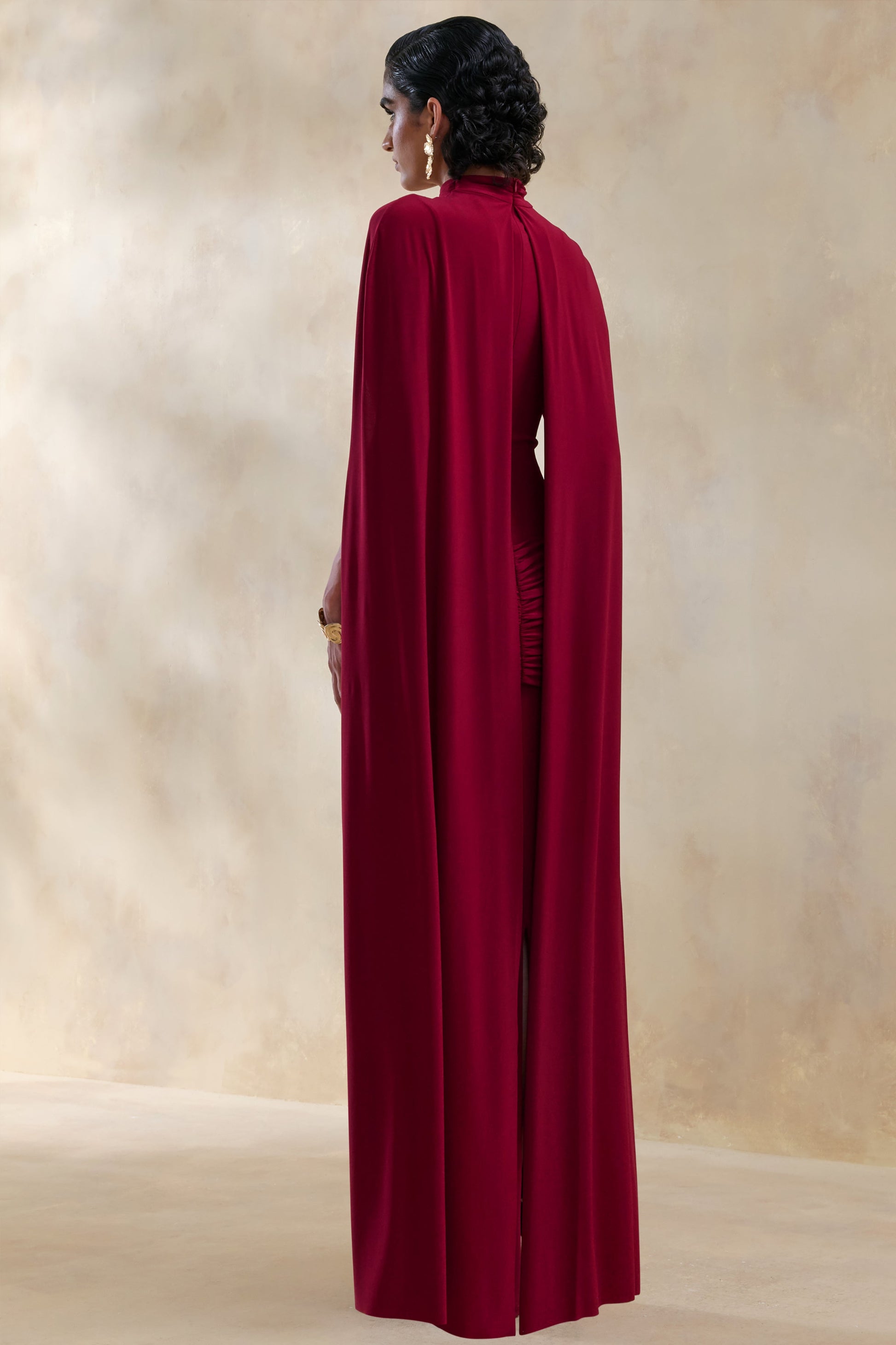 Dianelle | Berry High-Neck Maxi Dress With Cape-Sleeves