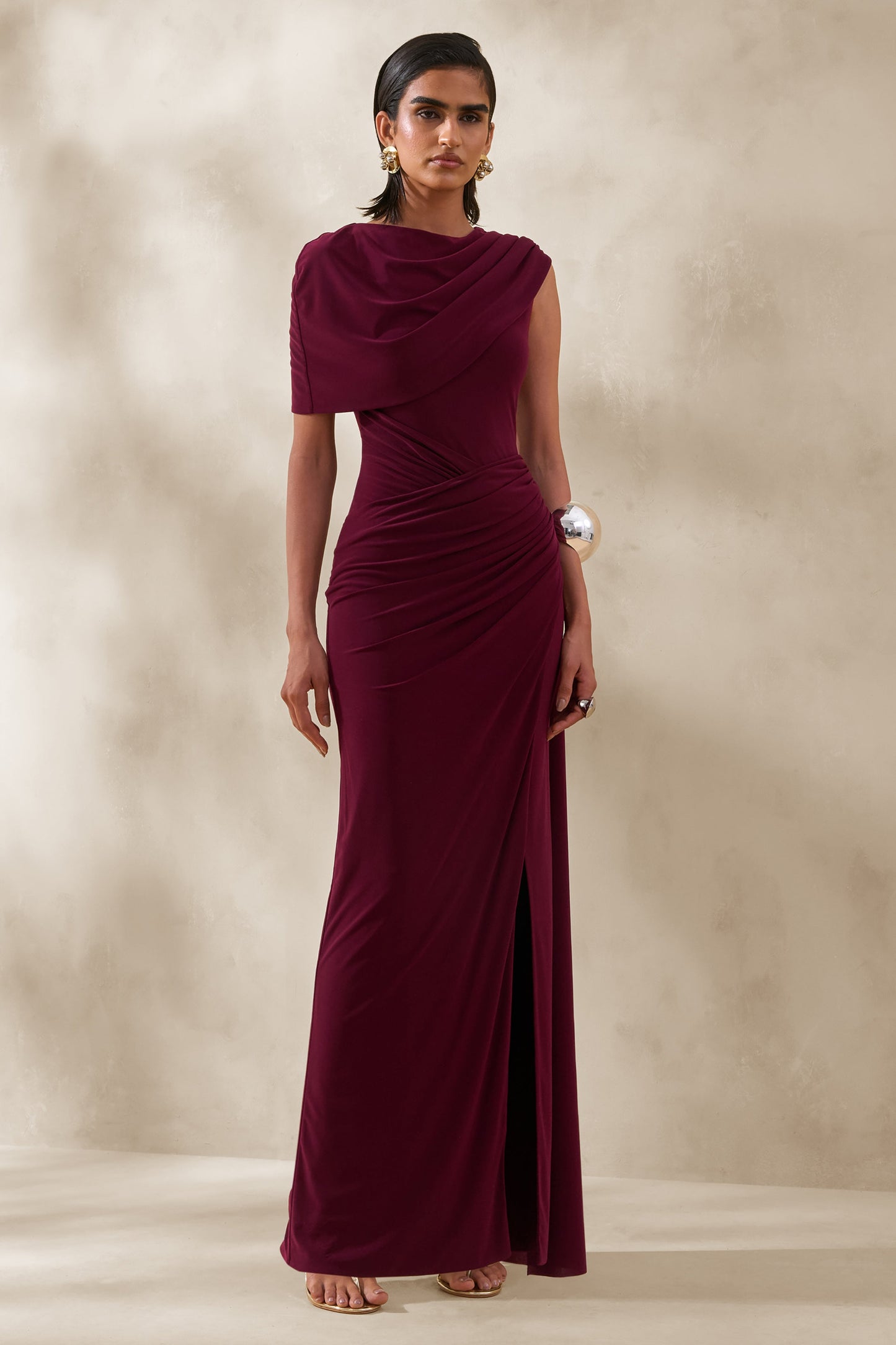 Palomara | Burgundy Round-Neck Maxi Dress With Sash And Front-High Split
