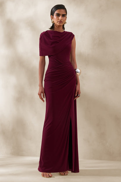 Palomara | Burgundy Round-Neck Maxi Dress With Sash And Front-High Split