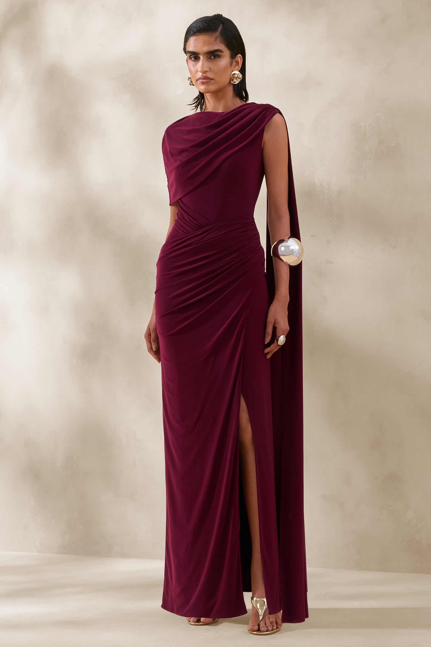 Palomara | Burgundy Round-Neck Maxi Dress With Sash And Front-High Split