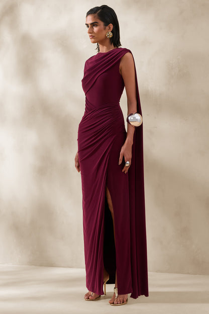 Palomara | Burgundy Round-Neck Maxi Dress With Sash And Front-High Split