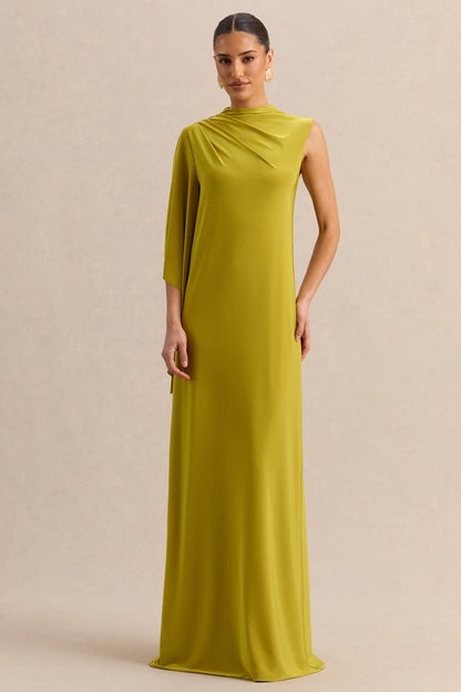 Marosia | Olive High-Neck Maxi Dress With Cape Sleeve