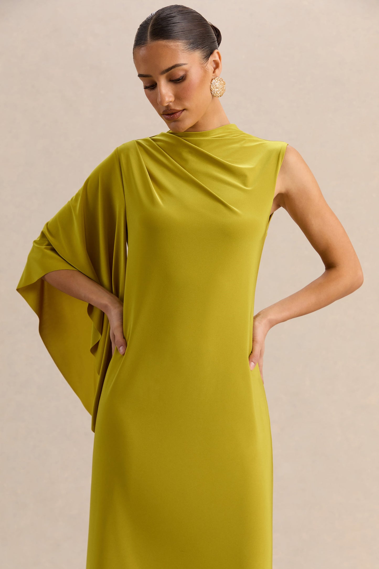 Marosia | Olive High-Neck Maxi Dress With Cape Sleeve