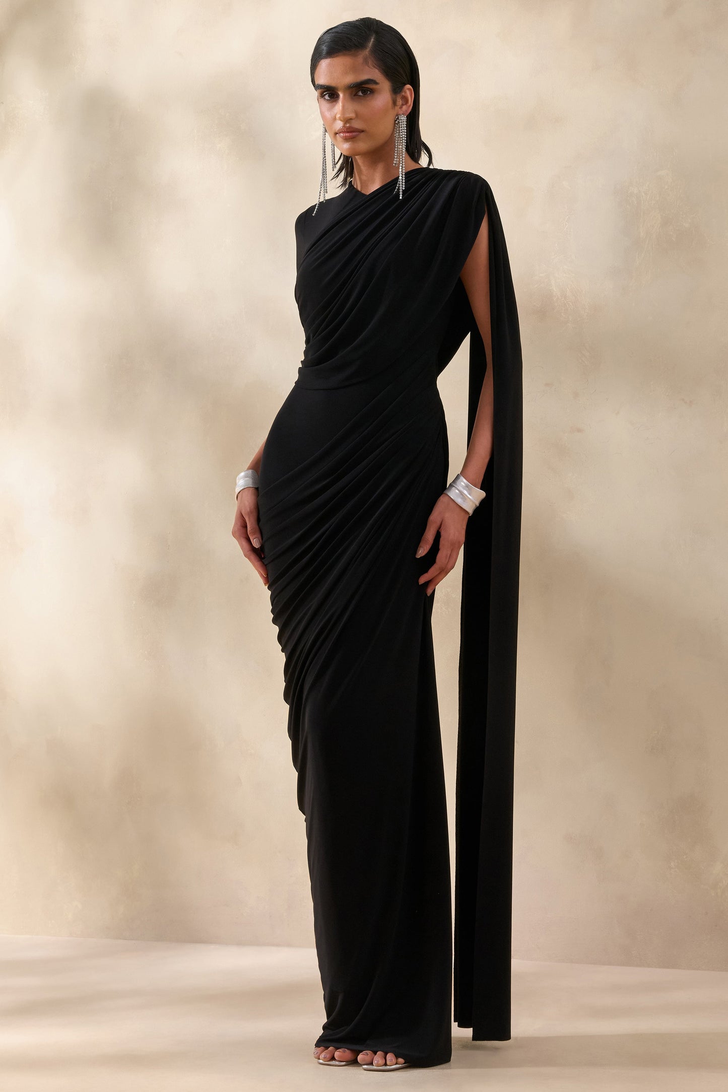 Gisara | Black High-Neck Maxi Dress With Sash And Draped-Detailing
