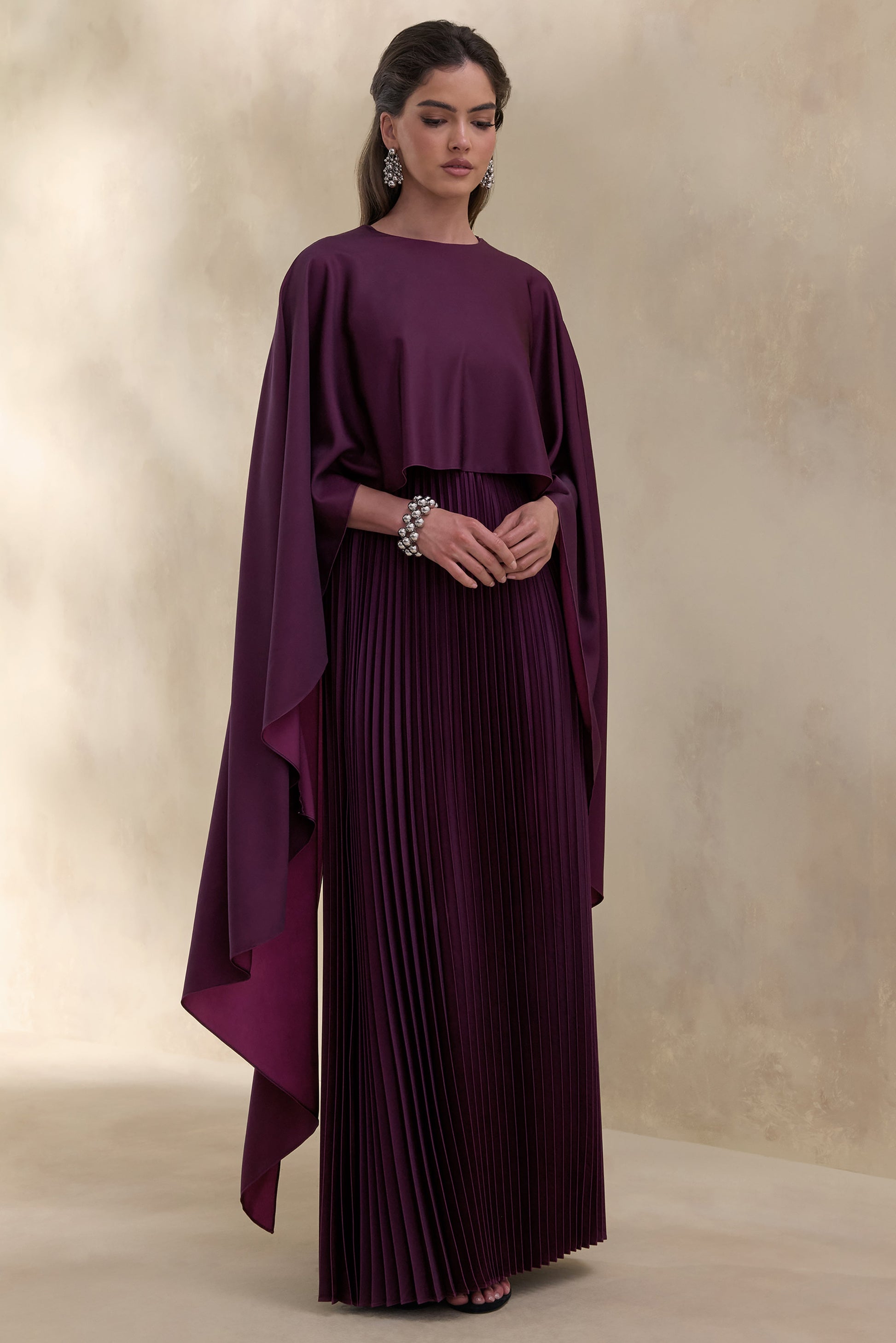 Loradia | Dark Plum Satin Round-Neck Maxi Dress With Cape-Sleeves And Pleated-Skirt