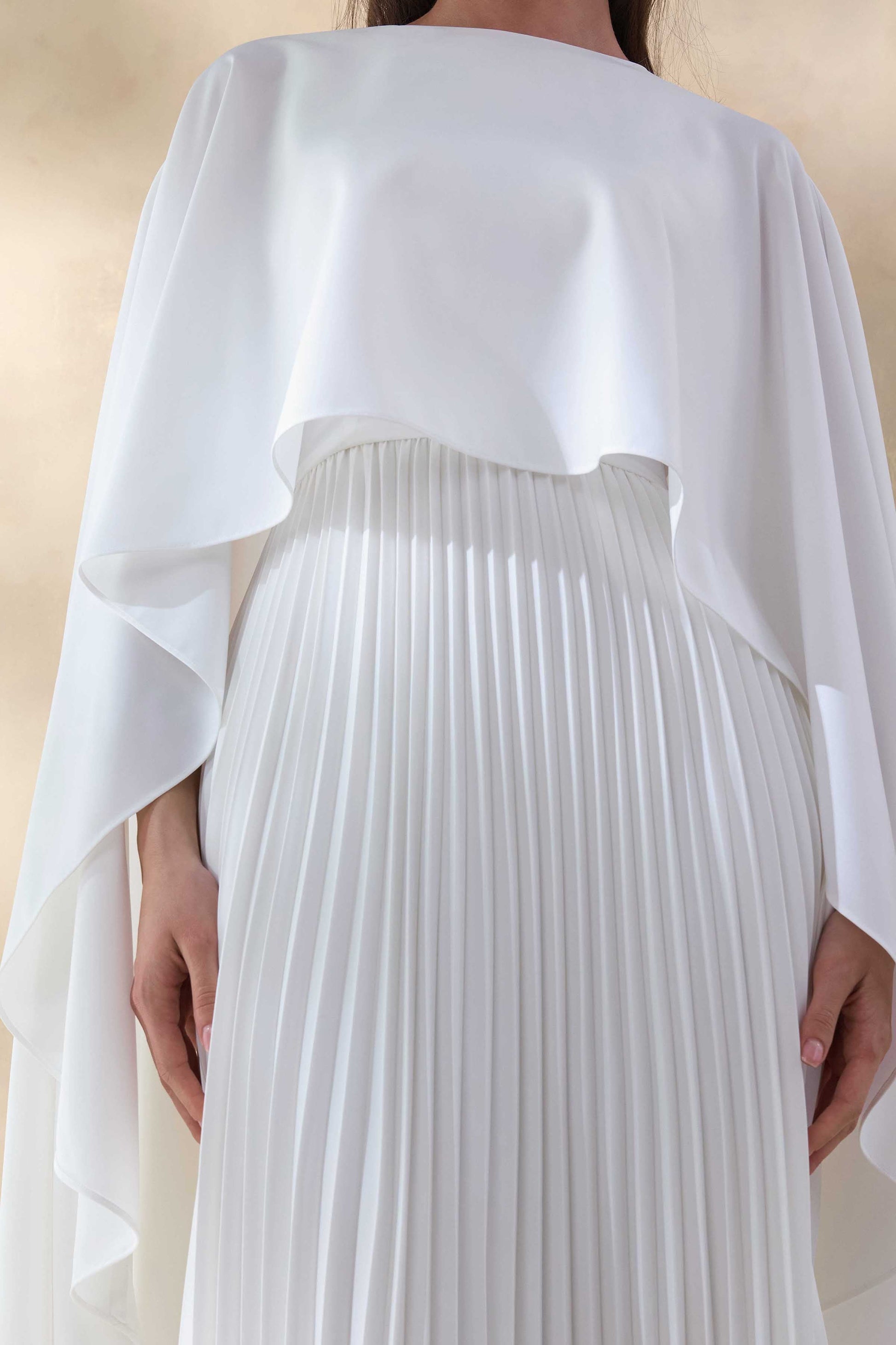 Loradia | Cream Satin Round-Neck Maxi Dress With Cape-Sleeves And Pleated-Skirt