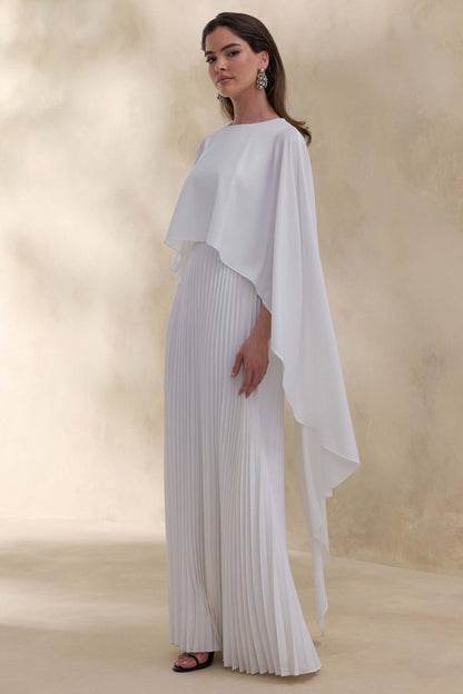 Loradia | Cream Satin Round-Neck Maxi Dress With Cape-Sleeves And Pleated-Skirt