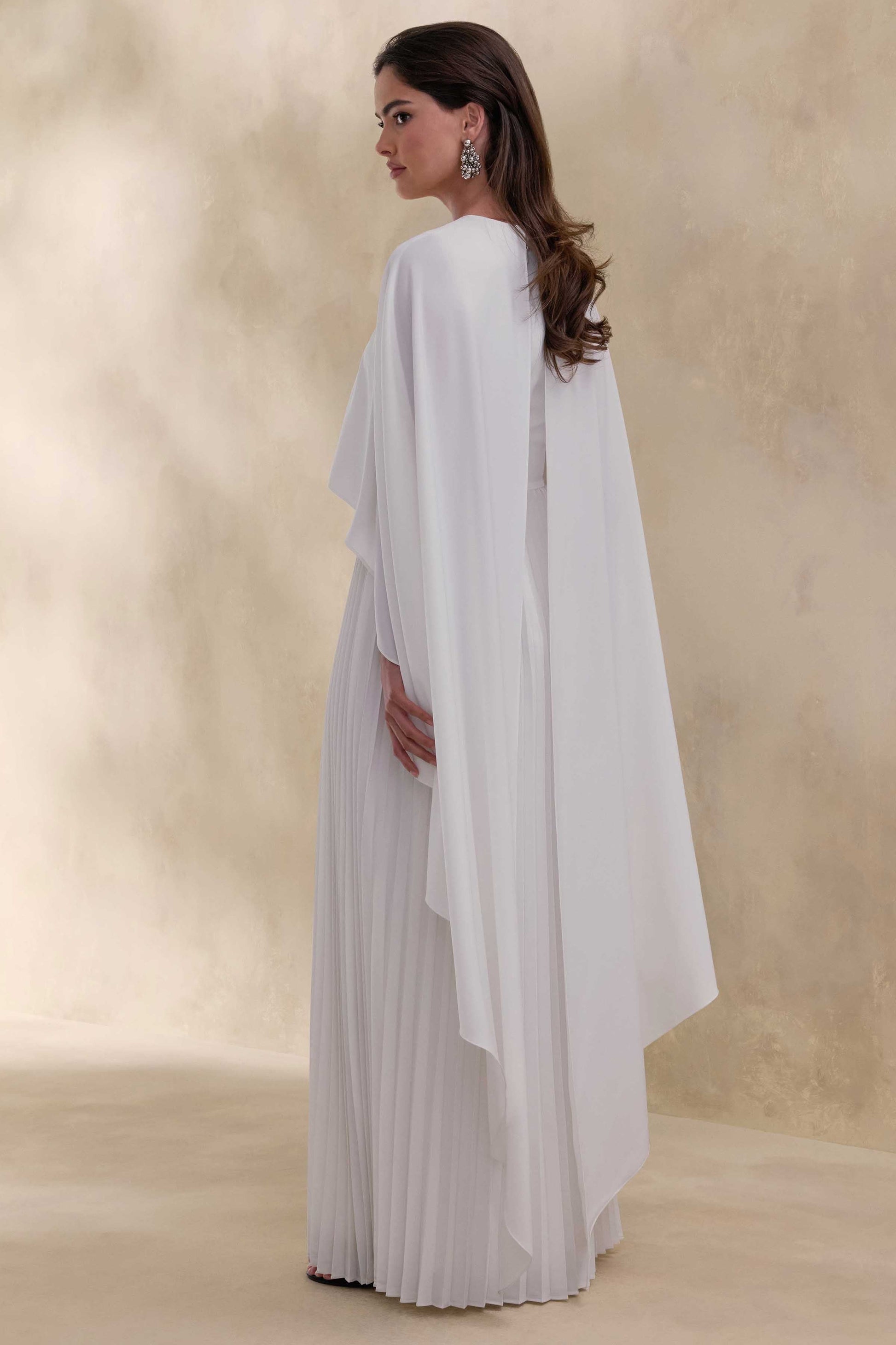 Loradia | Cream Satin Round-Neck Maxi Dress With Cape-Sleeves And Pleated-Skirt