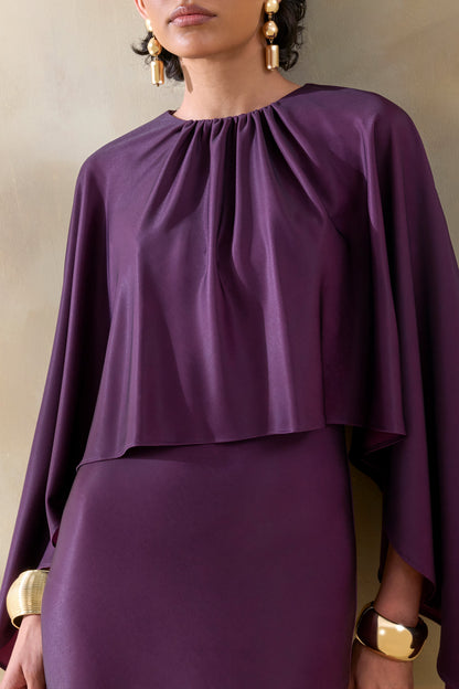 Vanthea | Dark Plum Satin Round-Neck Maxi Dress With Cape-Sleeves