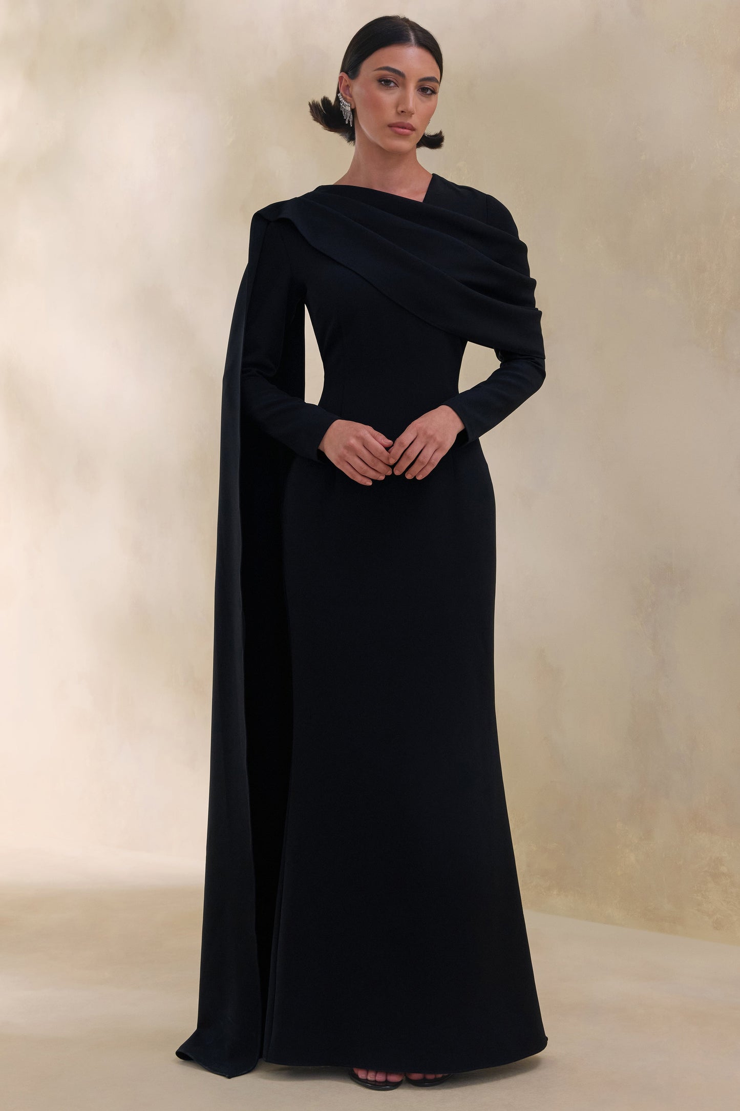 Heliora | Black V-Neck Maxi Dress With Sash And Draped-Detail