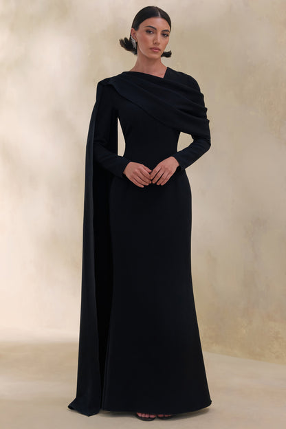 Heliora | Black V-Neck Maxi Dress With Sash And Draped-Detail