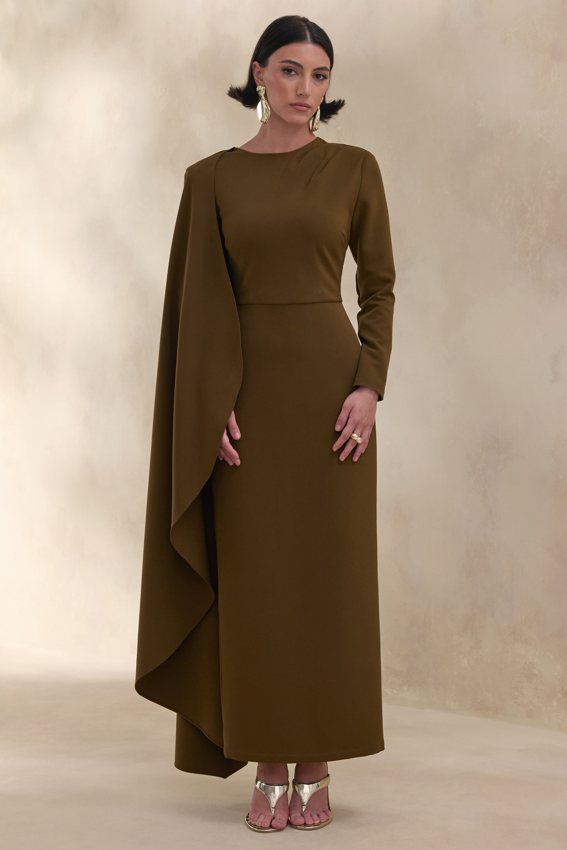 Jovea | Olive Round-Neck Maxi Dress With Cape-Sleeve