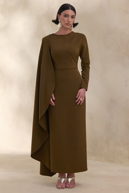 Jovea | Olive Round-Neck Maxi Dress With Cape-Sleeve