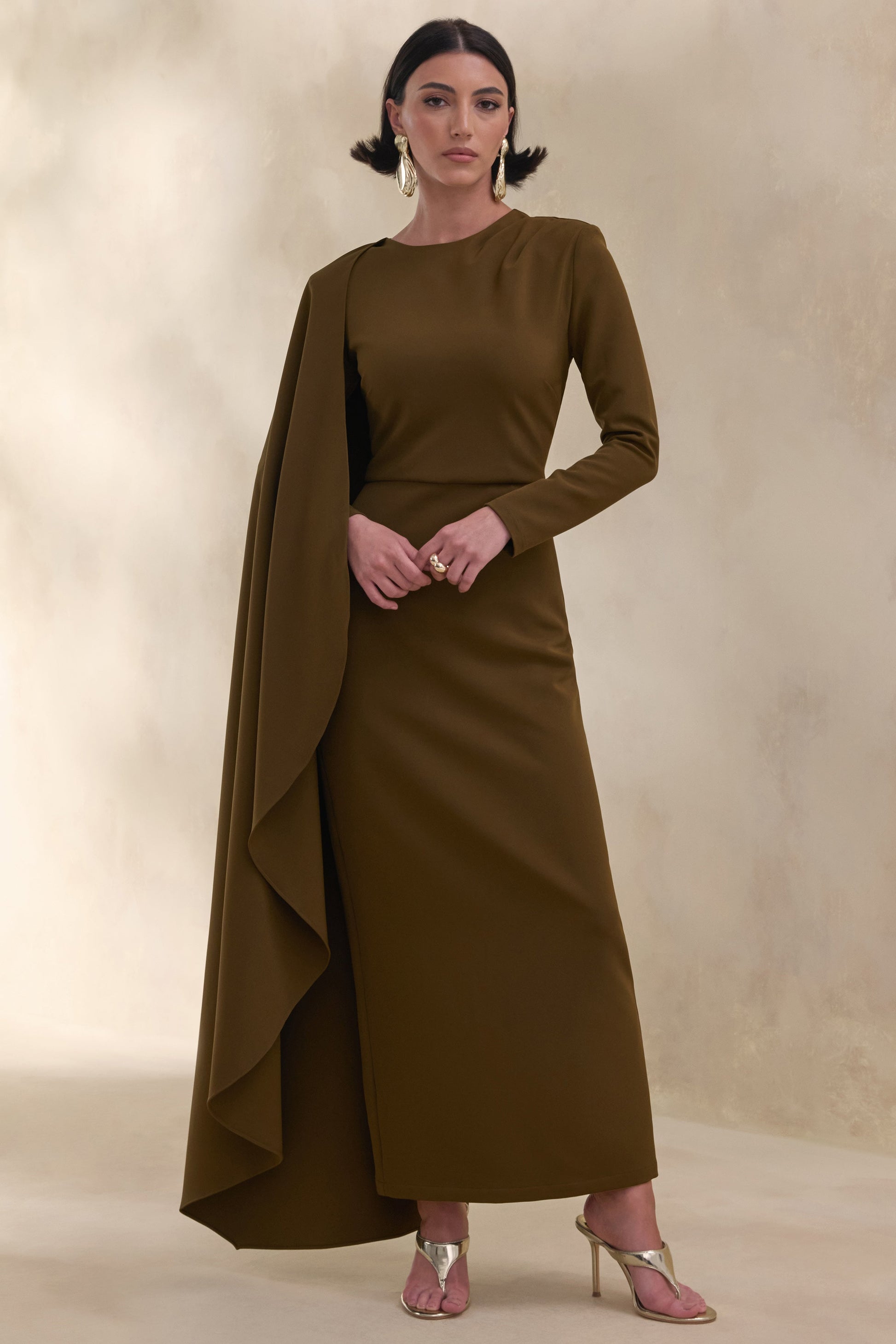 Jovea | Olive Round-Neck Maxi Dress With Cape-Sleeve