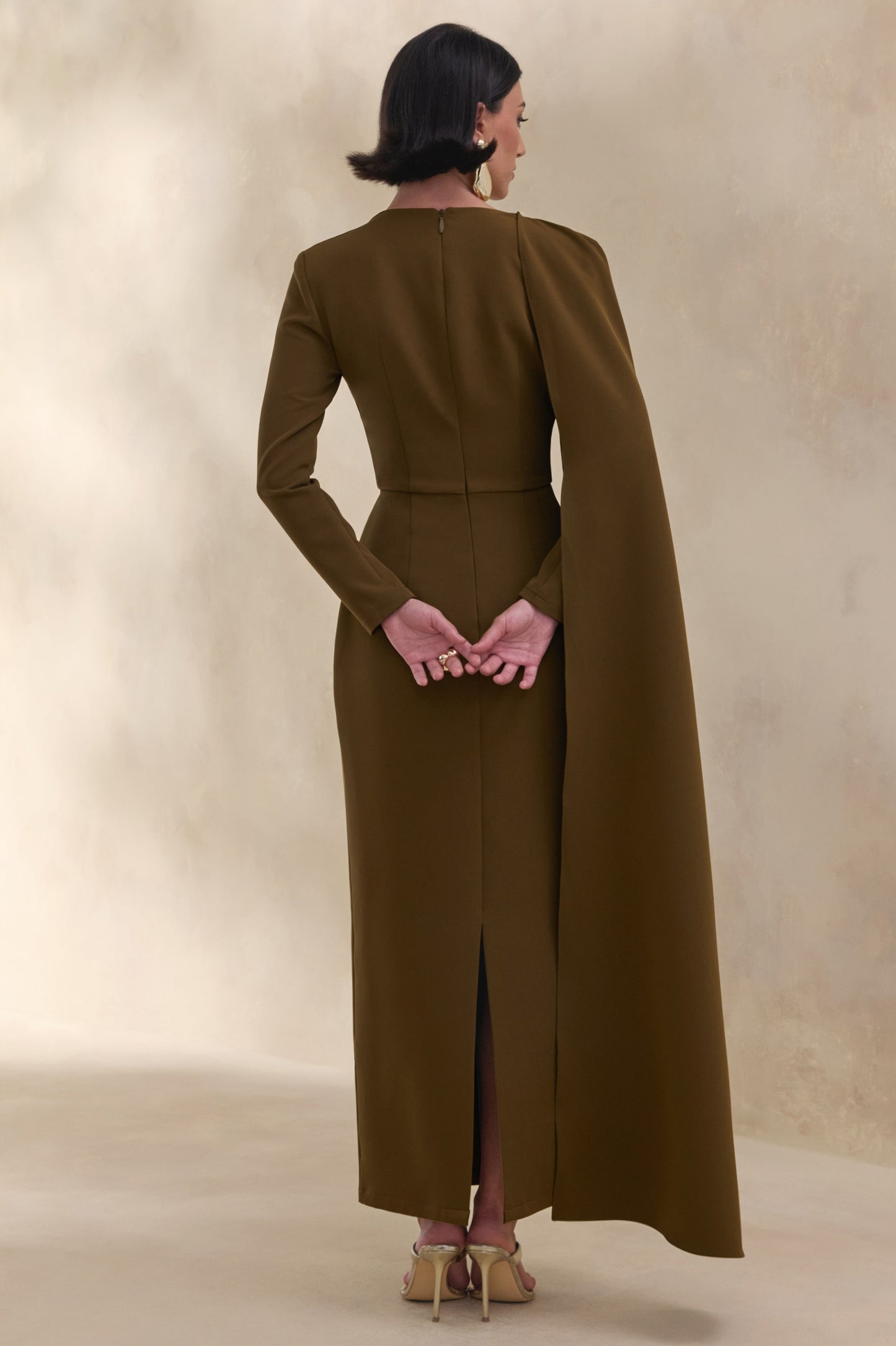 Jovea | Olive Round-Neck Maxi Dress With Cape-Sleeve
