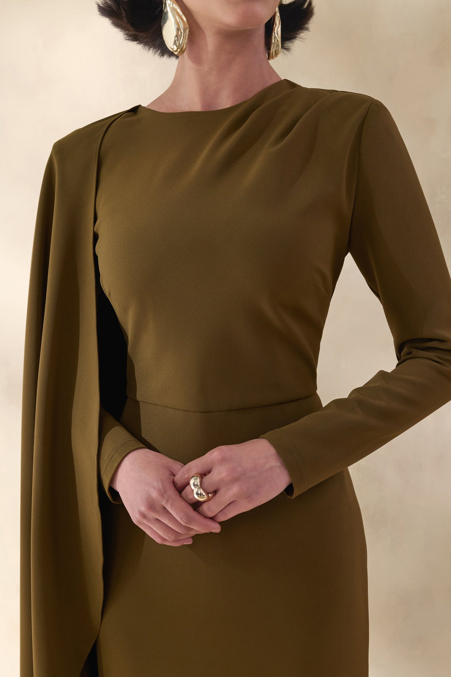 Jovea | Olive Round-Neck Maxi Dress With Cape-Sleeve