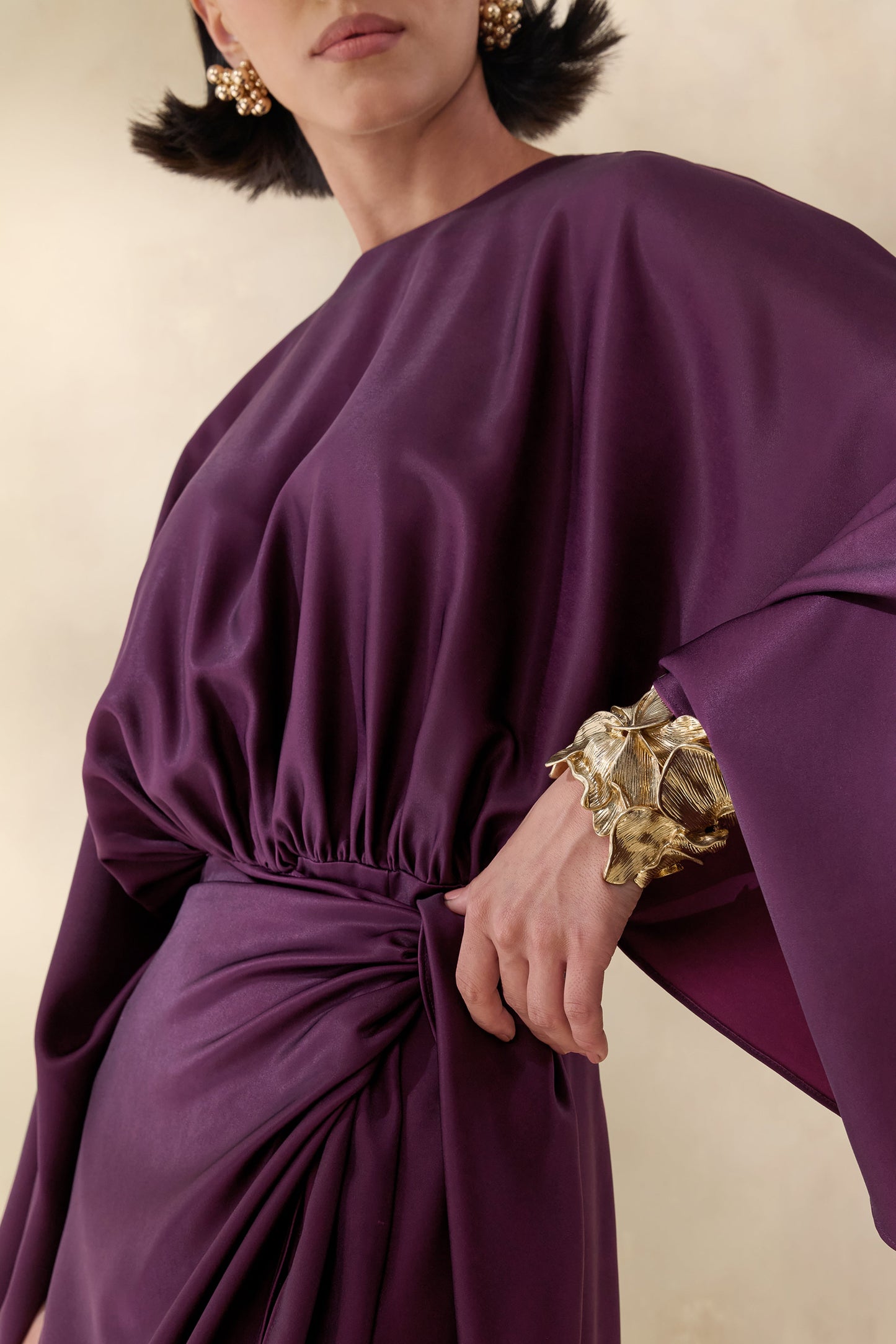 Delphina | Plum Satin Maxi Dress With Gathered And Knot-Detail