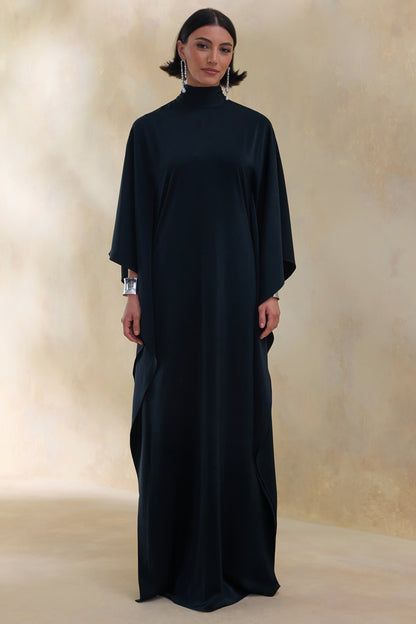 Lumisette | Black Satin High-Neck Maxi Dress With Cape