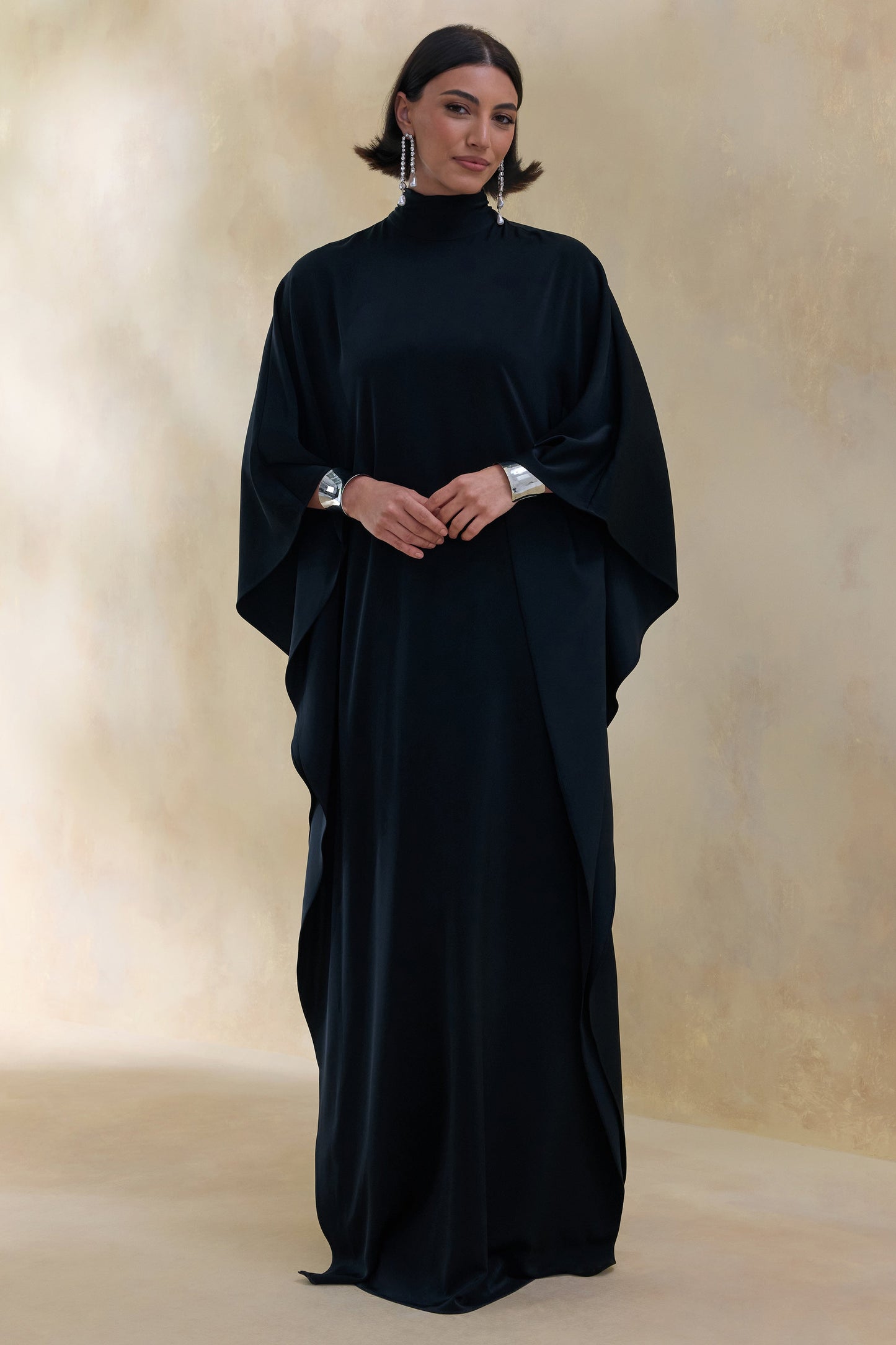 Lumisette | Black Satin High-Neck Maxi Dress With Cape