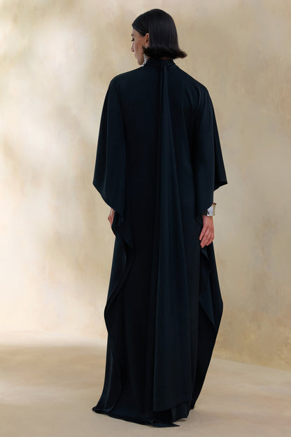Lumisette | Black Satin High-Neck Maxi Dress With Cape