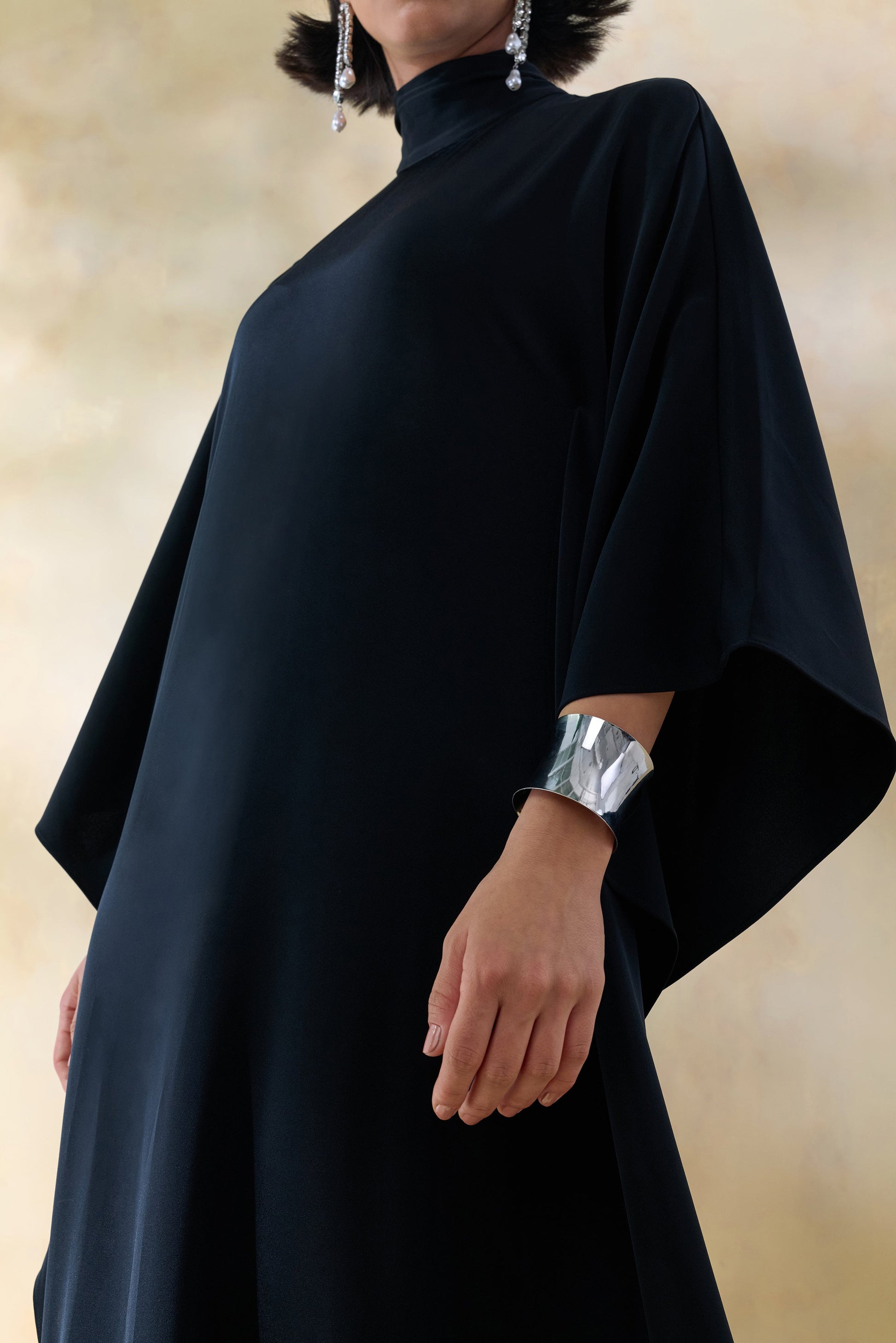 Lumisette | Black Satin High-Neck Maxi Dress With Cape