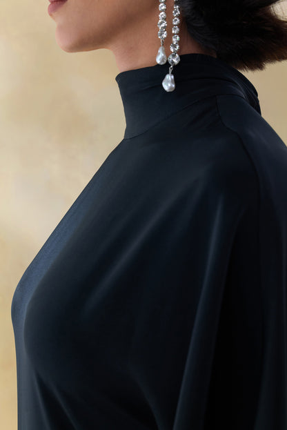 Lumisette | Black Satin High-Neck Maxi Dress With Cape