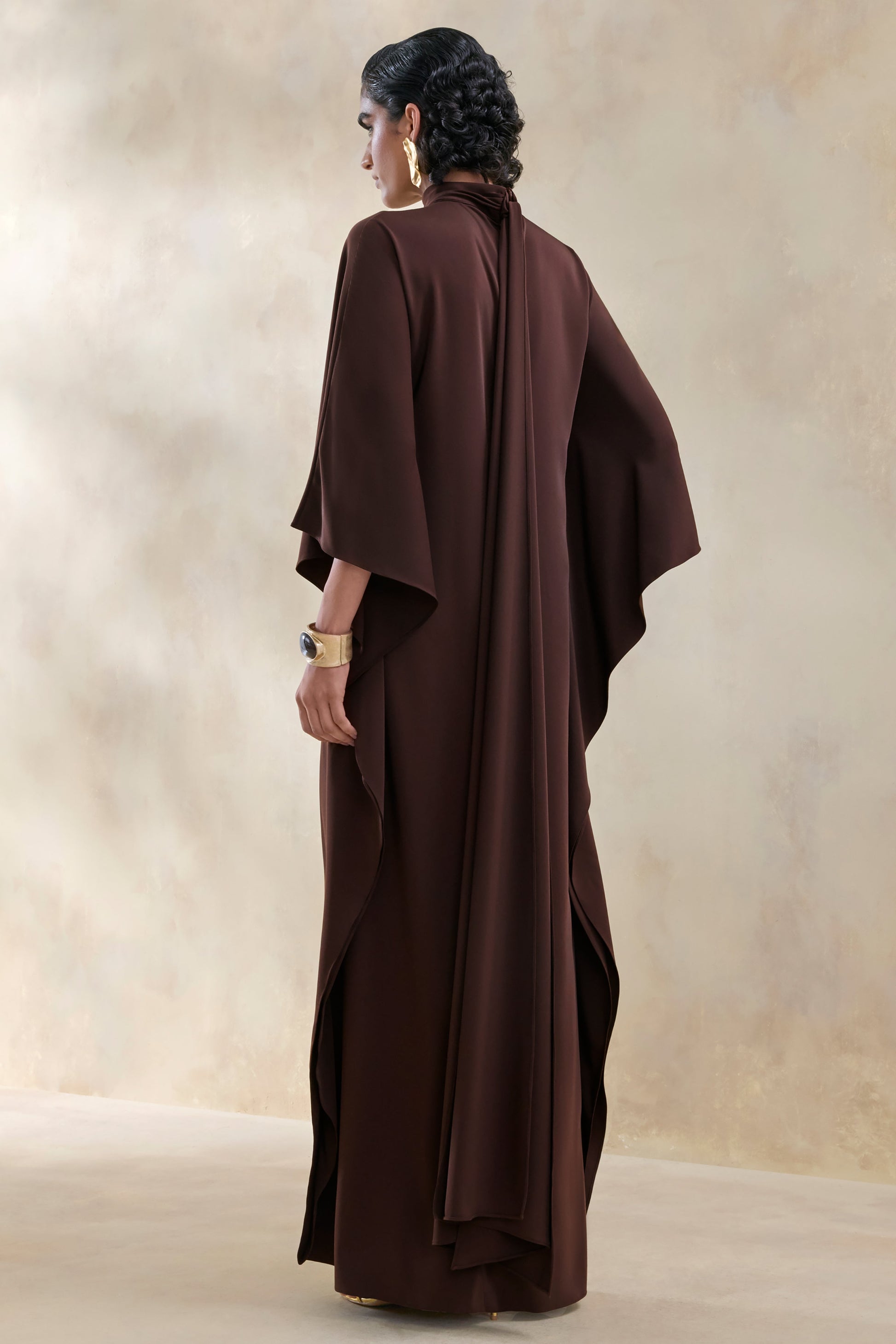 Lumisette | Brown Satin High-Neck Maxi Dress With Cape