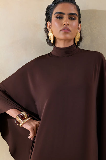 Lumisette | Brown Satin High-Neck Maxi Dress With Cape