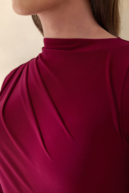 Karessa | Berry High-Neck Maxi Dress With Gathered Detailing And Front-High Split