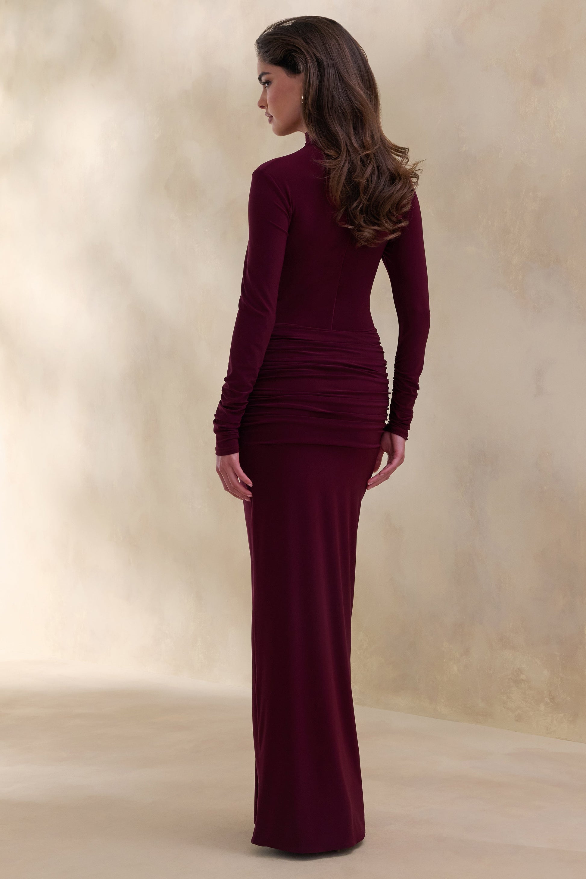 Ambrette | Dark Plum High-Neck Maxi Dress With Gathered-Detailing
