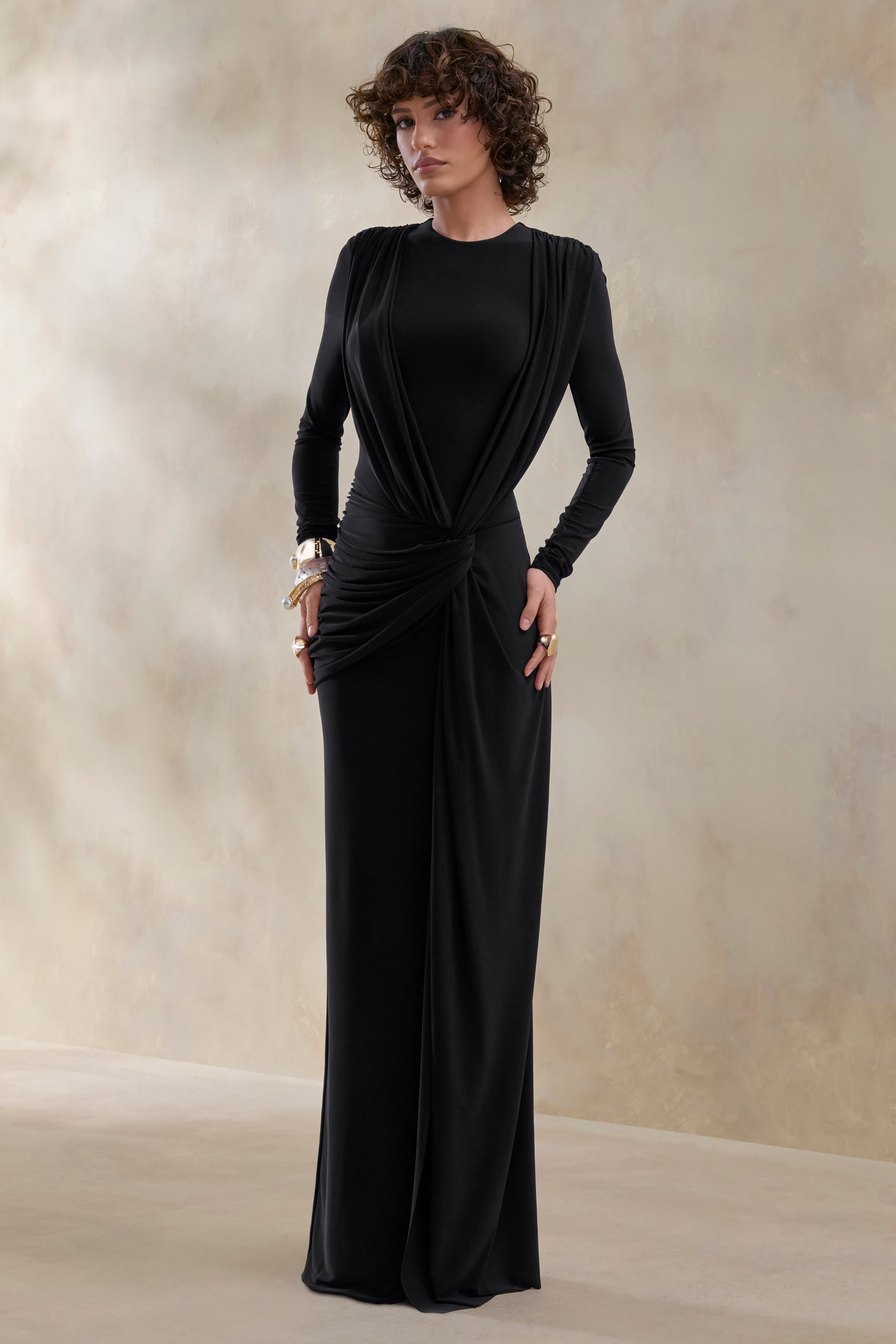 Desirelle | Black Crew-Neck Maxi Dress With Gathered-Detailing