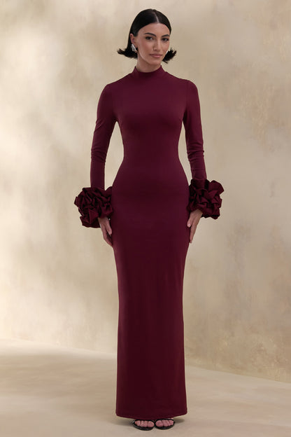 Jaselle | Dark Plum High-Neck Maxi Dress With Ruffled Satin-Cuffs